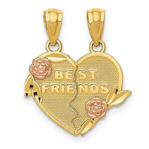 14k Two Tone Gold Best Friends Heart and Roses Set of 2 Pendants, 16mm